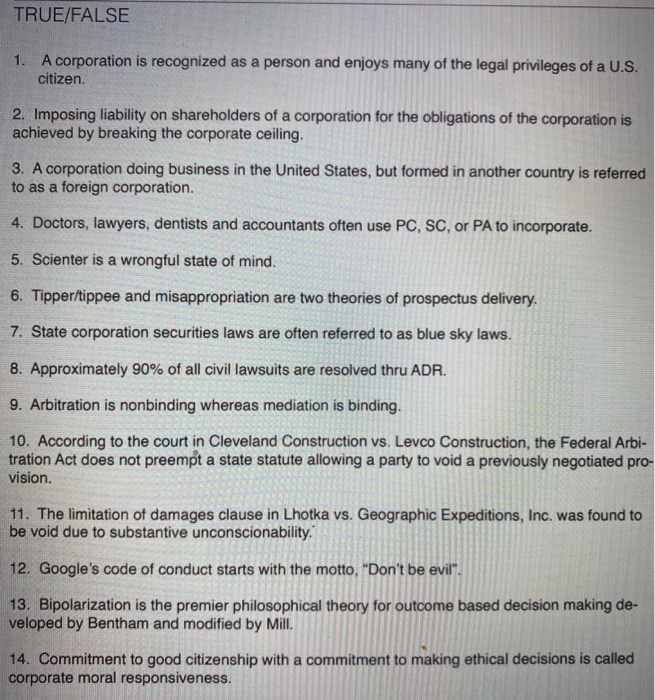 Solved TRUE/FALSE 1. A corporation is recognized as a person