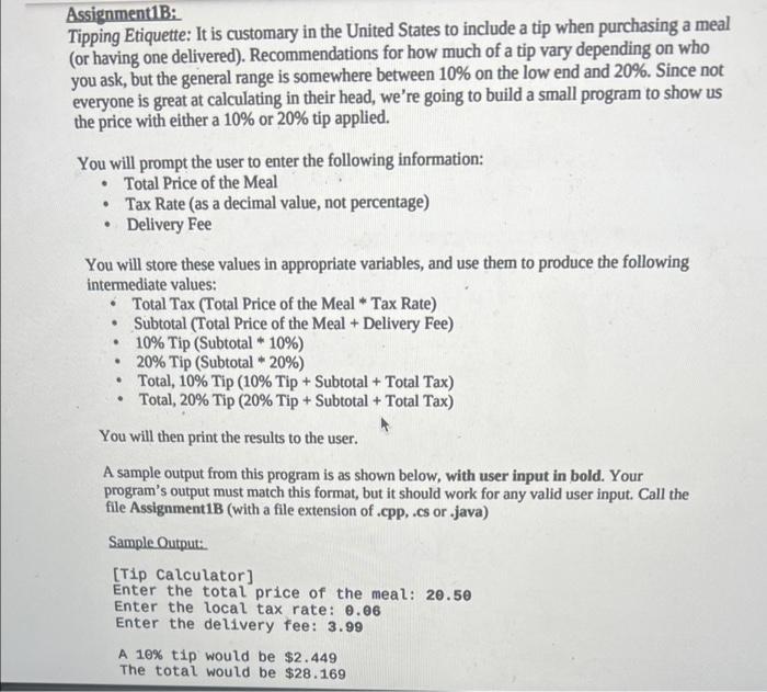 Solved Assignment1B: Tipping Etiquette: It is customary in | Chegg.com