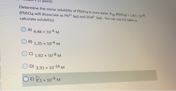 Solved 01 (I Point) Determine The Molar Solubility Of PbSO4 | Chegg.com