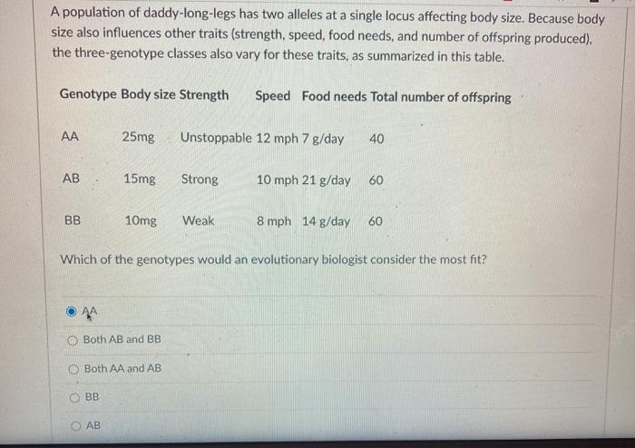 Solved A population of daddy-long-legs has two alleles at a | Chegg.com