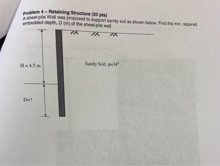 Solved Problem 4 - Retaining Structure (20 pts) A sheet-pile | Chegg.com