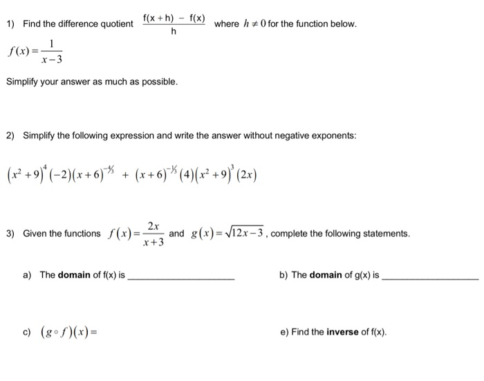 1 Find The Difference Quotient F X H F X H Chegg Com