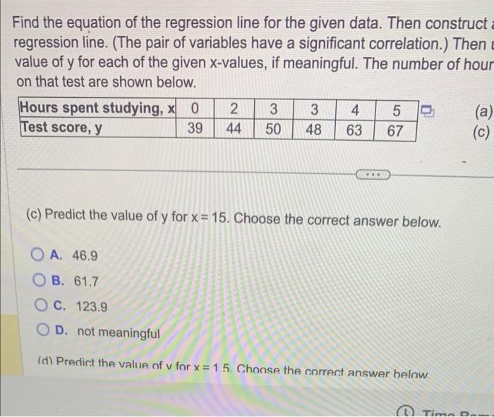 Solved Find the equation of the regression line for the | Chegg.com