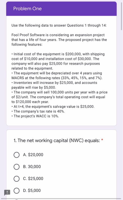 Solved Problem One Use the following data to answer | Chegg.com