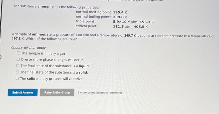 Solved The Substance Ammonia Has The Following Properties: | Chegg.com