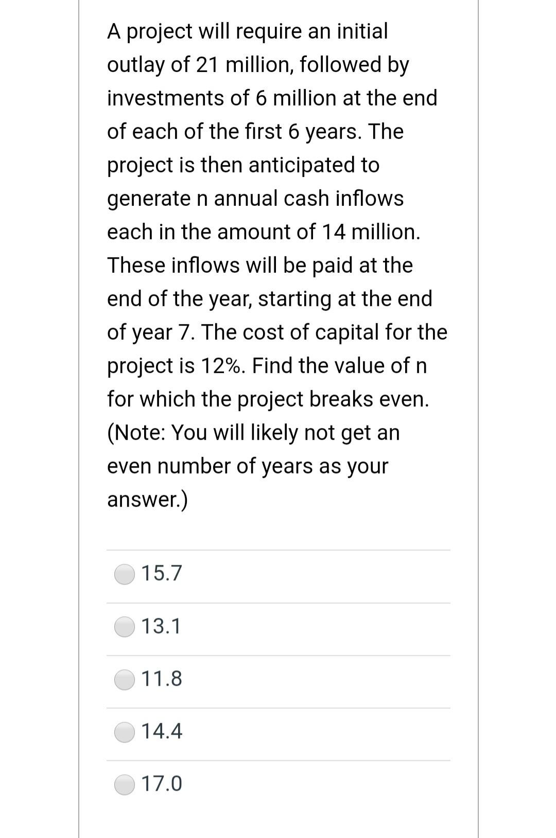 Solved A project will require an initial outlay of 21 | Chegg.com