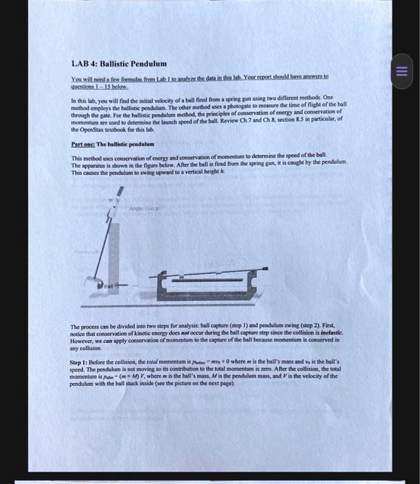 Solved LAB 4: Ballistic Pendulum III You will need a few | Chegg.com