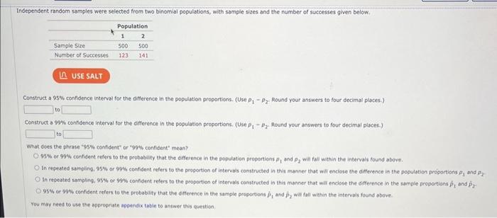 Solved Construct a 95% confidence interval for the | Chegg.com
