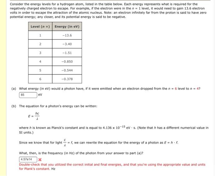 Solved Consider the energy levels for a hydrogen atom, | Chegg.com