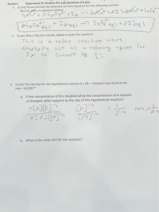 Solved Section 1 Experiment II: Kinetics Pre-Lab Questions | Chegg.com