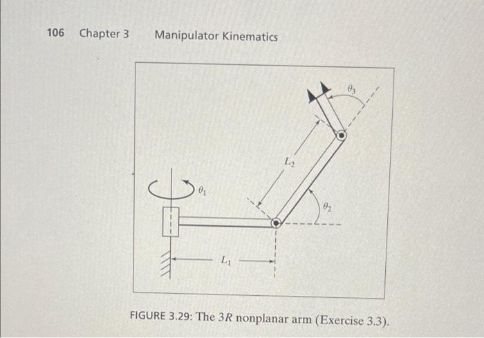 \( 3 \quad \) Manipulator Kinematics
FIGURE 3.29: The \( 3 R \) nonplanar arm (Exercise 3.3).