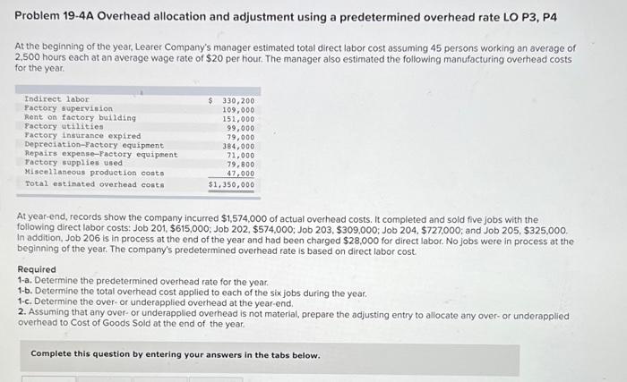 Solved Problem 19.4A Overhead allocation and adjustment | Chegg.com