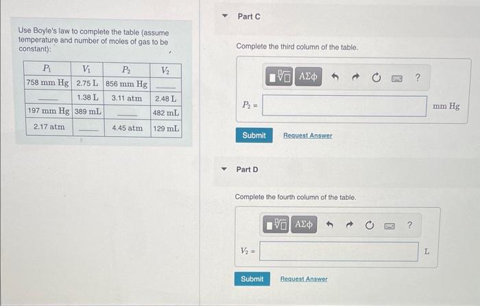 Solved Use Boyle's law to complete the table (assume Part A | Chegg.com