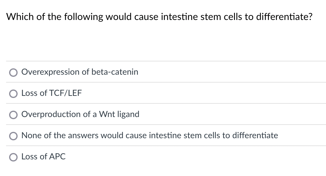 Solved Which of the following would cause intestine stem | Chegg.com