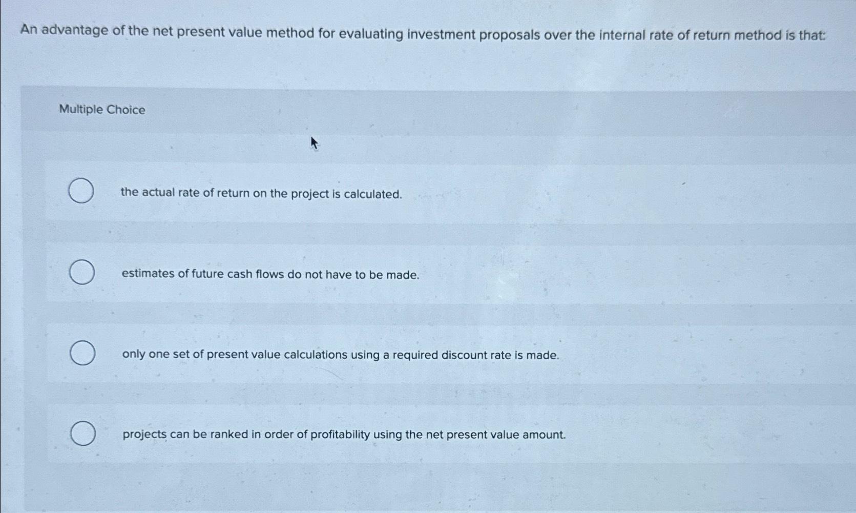 Solved An advantage of the net present value method for | Chegg.com