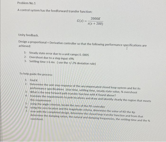 Solved Problem No.1 A control system has the feedforward | Chegg.com