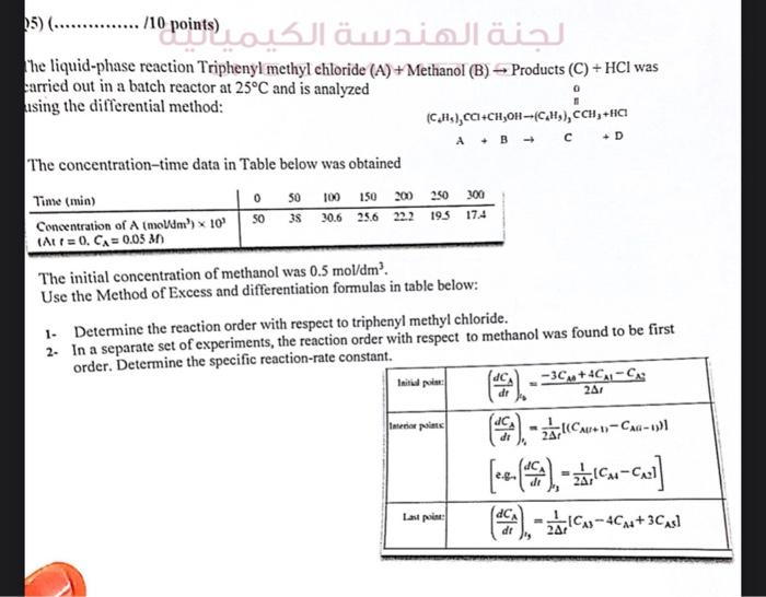 he liquid-phase reaction Triphenyl methyl chloride \( (\mathrm{A})+ \) Methanol \( (\mathrm{B}) \rightarrow \) Products \( (\