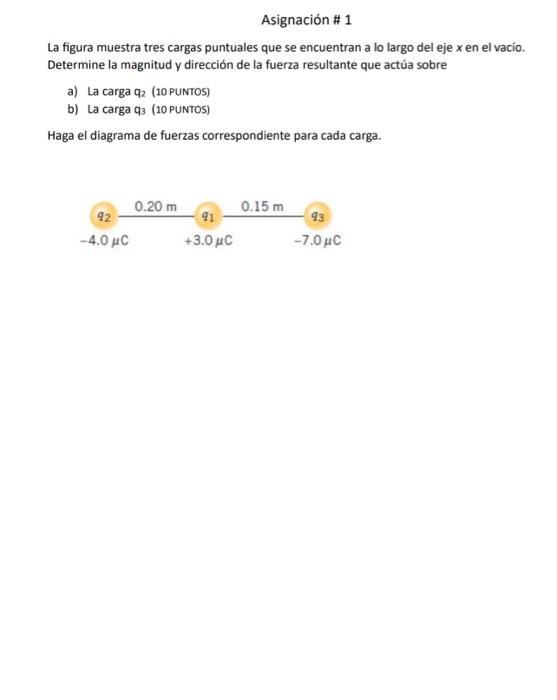 Asignación \# 1 La figura muestra tres cargas puntuales que se encuentran a lo largo del eje \( x \) en el vacio. Determine l