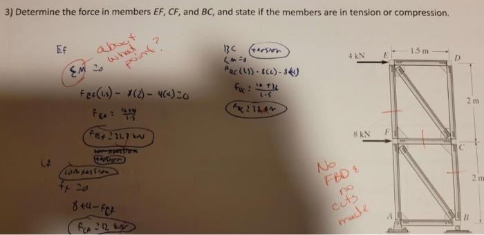 Solved 3) Determine the force in members EF,CF, and BC, and | Chegg.com