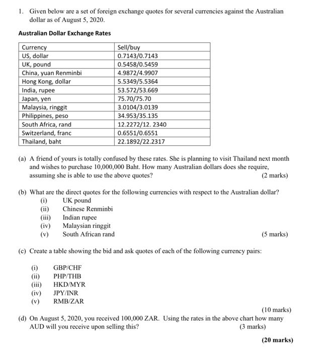 Solved 1. Given below are a set of foreign exchange quotes  Chegg.com