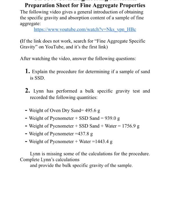 Solved Preparation Sheet for Fine Aggregate Properties The | Chegg.com
