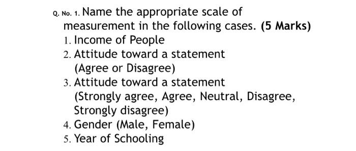Solved Q. No. 1. Name the appropriate scale of measurement | Chegg.com