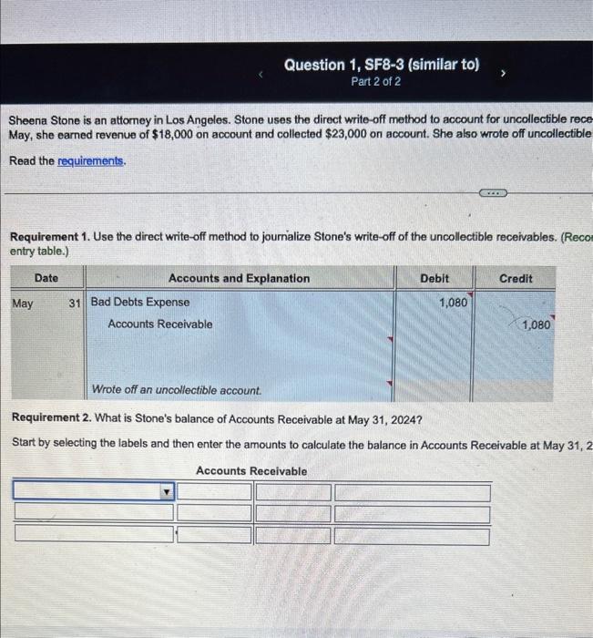 Sheena Stone is an attorney in Los Angeles. Stone uses the direct write-off method to account for uncollectible rec May, she 