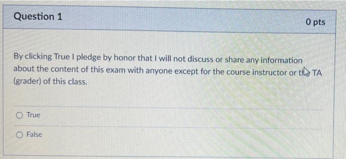 Solved Question 1 O pts By clicking True I pledge by honor | Chegg.com