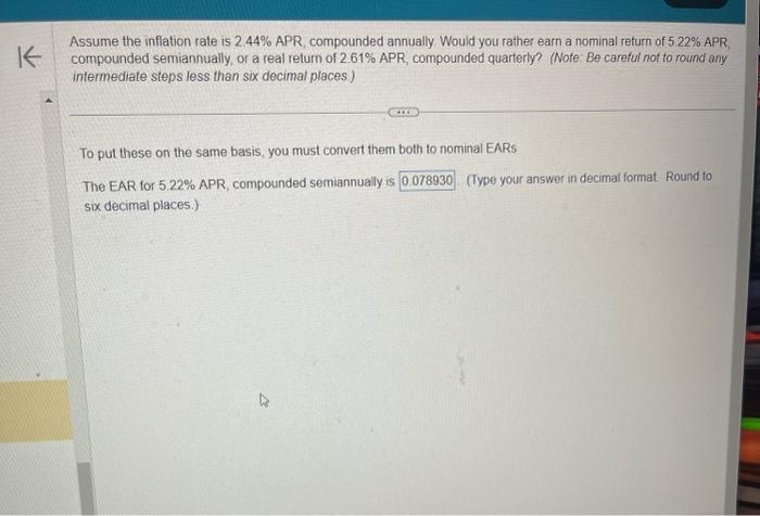 Solved Assume the inflation rate is 2.44% APR, compounded | Chegg.com