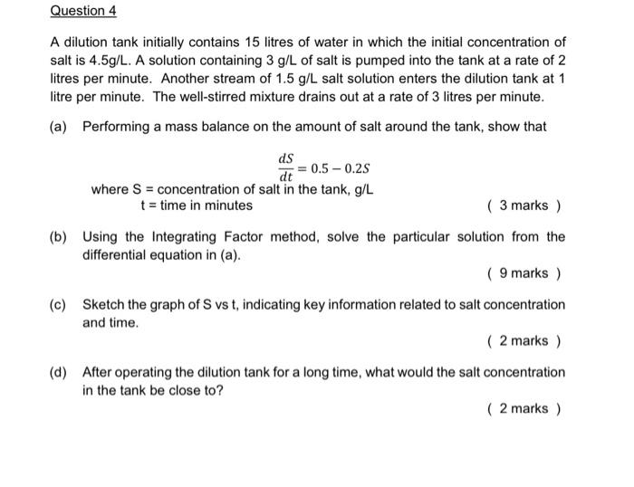 Solved A dilution tank initially contains 15 litres of water