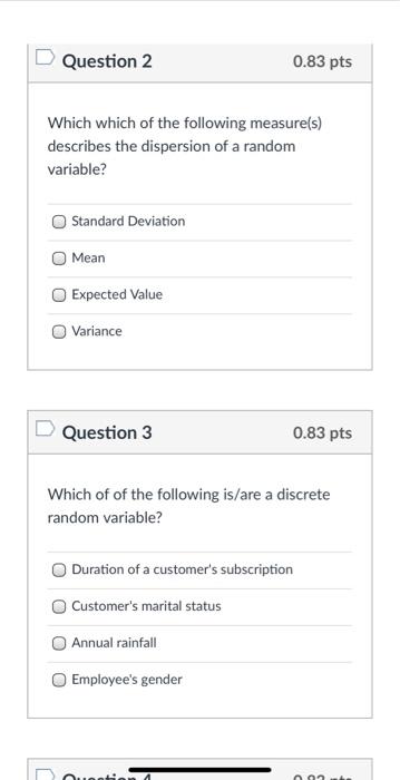 Solved Question 1 0.83 pts Describe the probability | Chegg.com