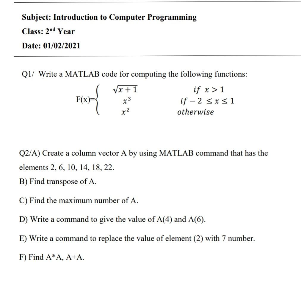 Solved Subject: Introduction to Computer Programming Class: | Chegg.com