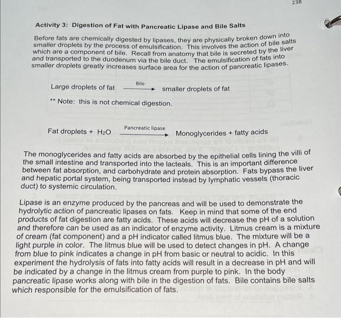 Solved Activity 3 Digestion of Fat with Pancreatic Lipase