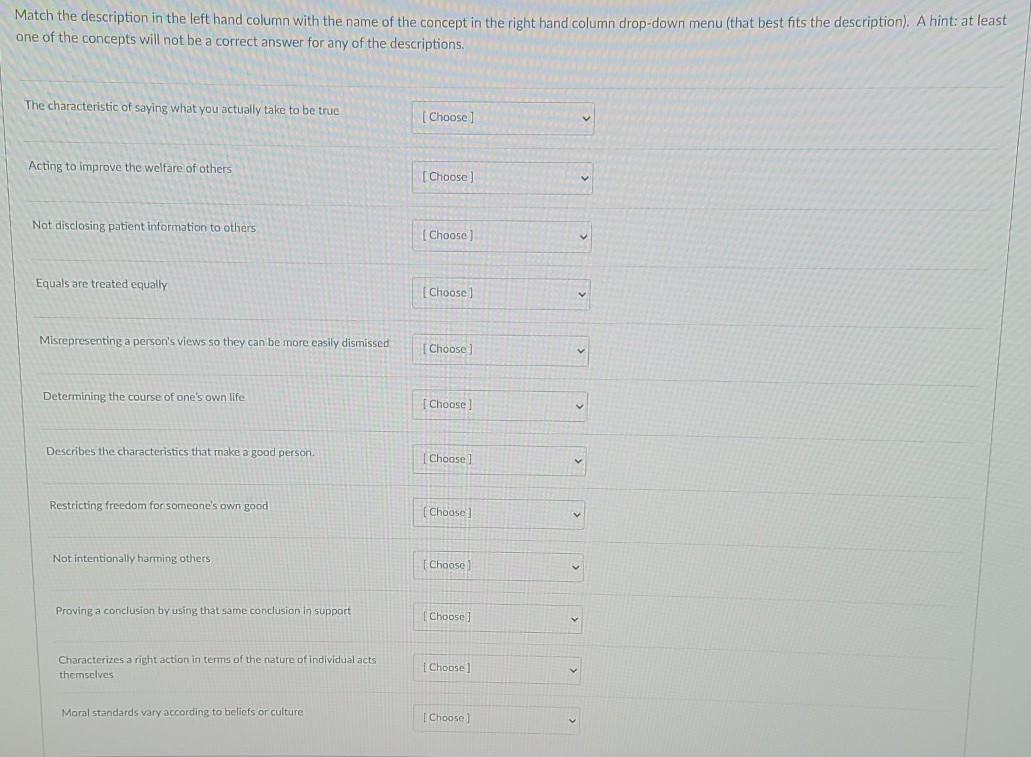 Solved Match the description in the left hand column with