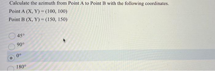 Calculate the azimuth from Point A to Point B with the following coordinates.
Point \( \mathrm{A}(\mathrm{X}, \mathrm{Y})=(10