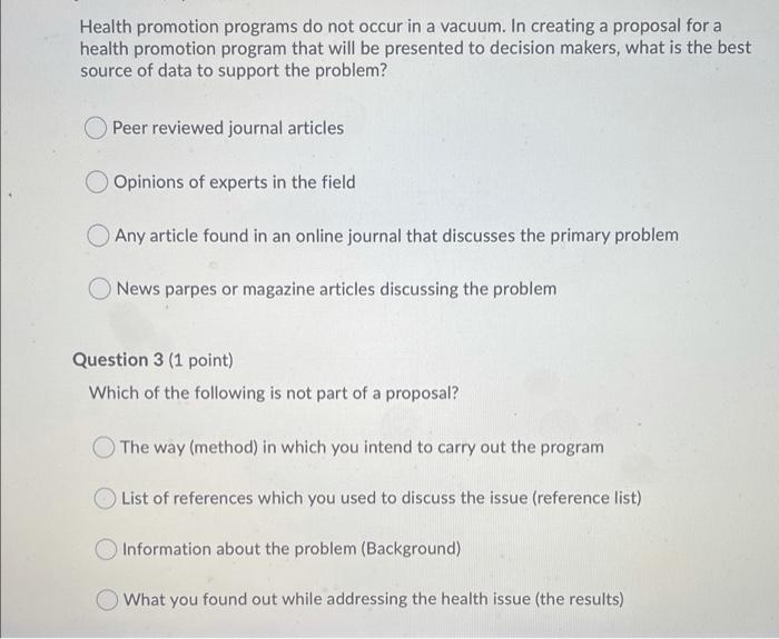 Solved Health promotion programs do not occur in a vacuum. | Chegg.com