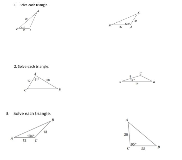 Solved 1. Solve each triangle. 21 123 A 30 410 13 A 2. Solve | Chegg.com