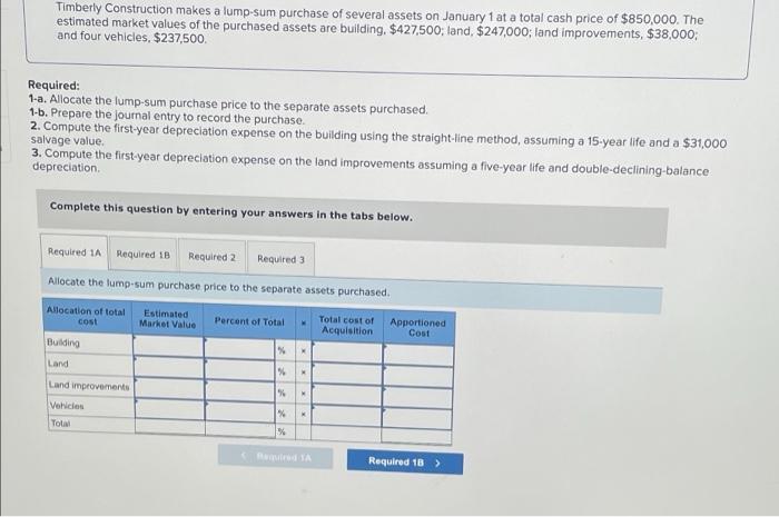 Solved Timberly Construction makes a lump-sum purchase of | Chegg.com