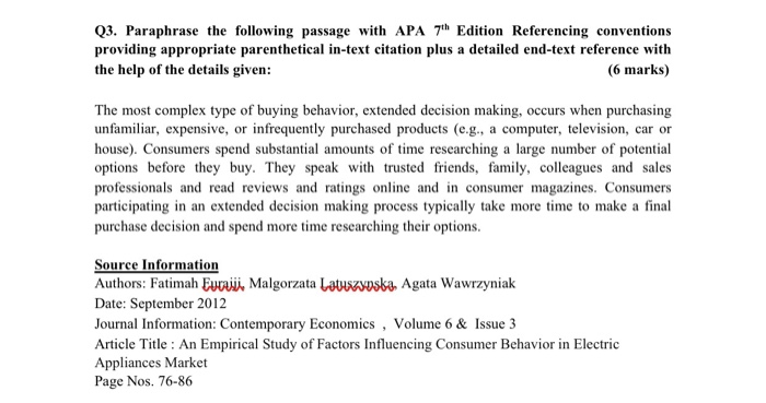 Solved Q3 Paraphrase The Following Passage With Apa 7th Chegg Com