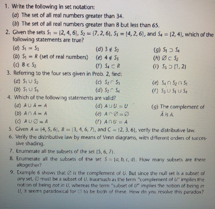 Solved 1. Write the following in set notation: (a) The set | Chegg.com