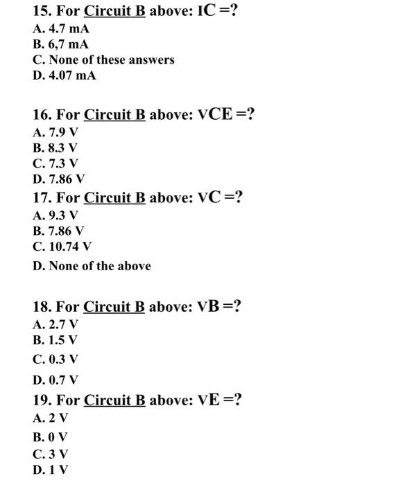 Solved For Circuit B Shown Below, Answer Questions 14, 15, | Chegg.com