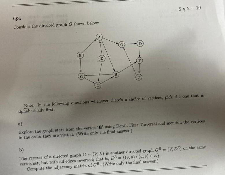 Solved 5x 2 = 10 Q3: Consider the directed graph G shown | Chegg.com