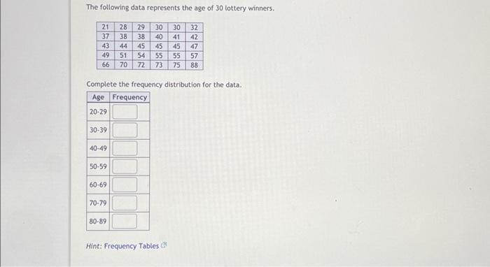 Solved The following data represents the age of 30 lottery | Chegg.com