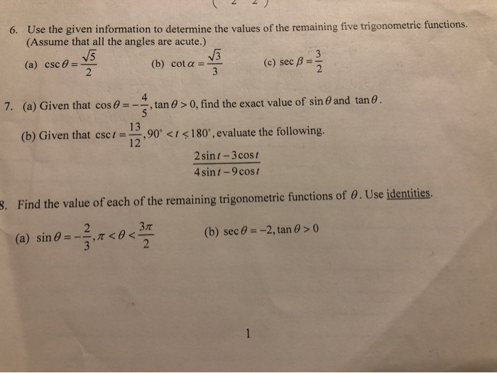 Solved 6. Use the given information to determine the values | Chegg.com