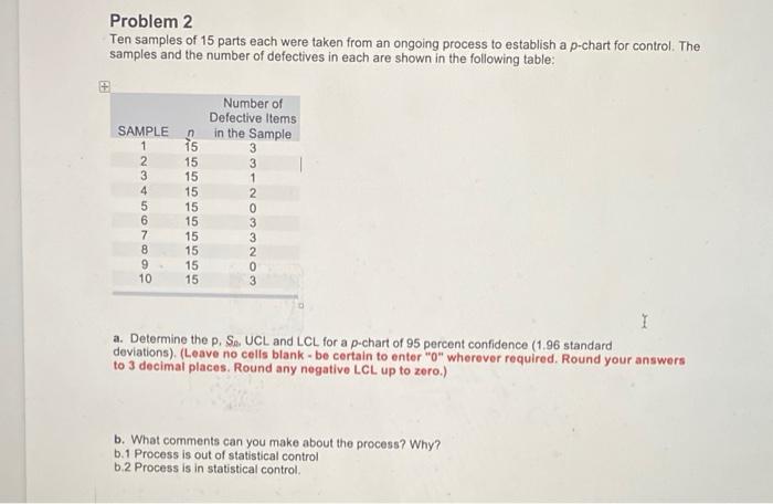 Solved Problem 2 Ten samples of 15 parts each were taken | Chegg.com