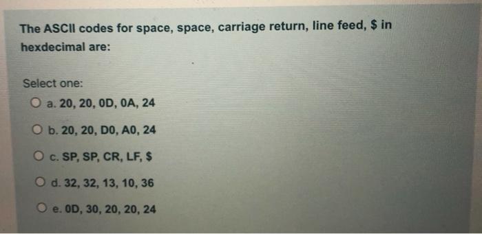 Solved The ASCII codes for space, space, carriage return, | Chegg.com