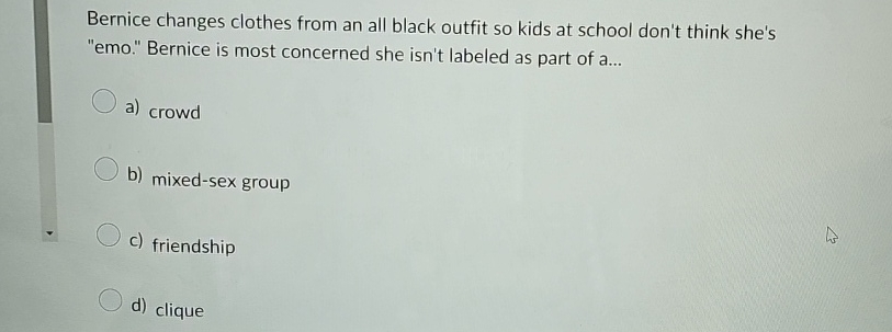 Solved Bernice changes clothes from an all black outfit so Chegg com Solved Bernice changes clothes from an all black outfit so Chegg com