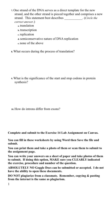 Worksheet For Exercise 14 Unraveling The Double Helix Chegg Com