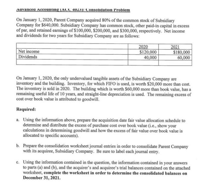 Solved Advanced Accounting (ACC 4025): Consolidation Problem | Chegg.com
