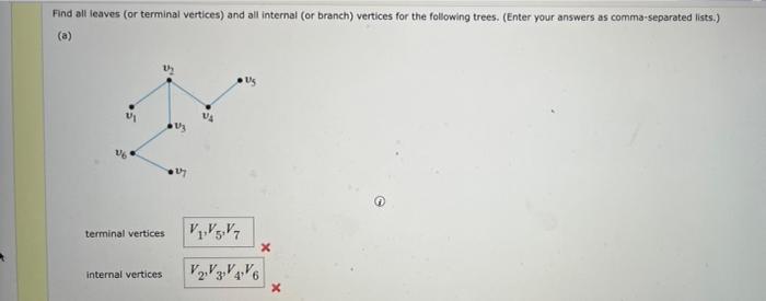 Find all leaves (or terminal vertices) and all internal (or branch) vertices for the following trees. (Enter your answers as 